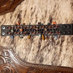 Leather Cuff Bracelet w/Dangle Precious Stones